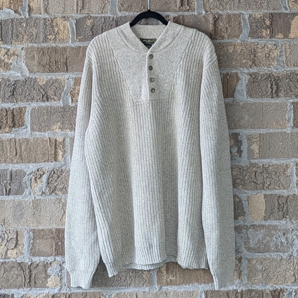 Vintage 90s Eddie Bauer Light Tan Shaker Stitch Henley Sweater Size Large TALL